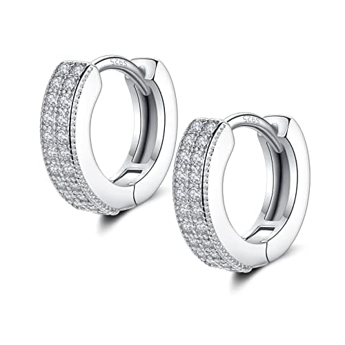 Image of Small Silver Hoop Earrings for Women Men | Sterling Silver Post Double-row Cz Cubic Zirconia Pave Hinged Huggie Hoops Cartilage Helix Earings, Piercings Jewelry (8mm)