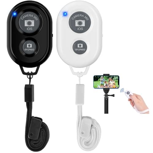 Image of Wireless Camera Remote Shutter for Smartphones 2 Pack, Wireless Phone Camera Remote Control Compatible with iPhone/Android/Bluetooth Devices, Bluetooth Clicker, Wrist Strap Included, Black White