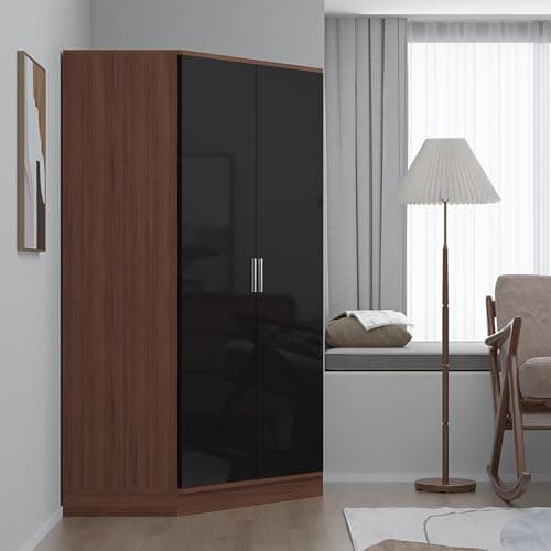 Image of Reflect 2 Door Corner Wardrobe | Black Gloss & Walnut | Bedroom Storage with 2 Hanging Rails & 8 Shelves | H: 180cm x W: 103cm x D: 103cm | Modern Space Saving Design