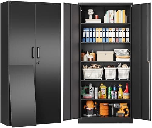 Image of SISESOL Metal Storage Cabinet with 2 Doors and 6 Shelves,Black Metal Cabinet with Lock,71" Lockable Garage Storage Cabinets,Locking File Cabinet,Steel Tool Cabinets for Home,Office,Garage,Shop,School