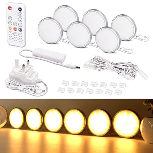 Image of WOBANE Under Cabinet LED Lighting Kit, Dimmable LED Puck Lights with Remote Control, Under Counter Lighting for Kitchen,Display Cabinet,Cupboard,Shelf,Bookcase,2700K Warm White, Timing,Set of 6