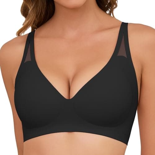 Image of Xnova Non Wired Bras for Women Push Up Full Support V Neck Ladies Wireless Soft Full Coverage Bras Seamless Padded Comfort Tshirt Bra Mesh Bralette, Black, M