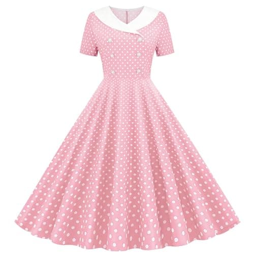 Image of Girls Dresses 50s Retro Polka Dot Dress UK Kids Audrey Hepburn Vintage Dresses Teens A-Line Swing Midi Dress Summer Short Sleeve Clothes for Evening Party Gown 12 Years Pink