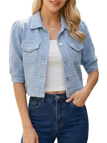 Image of Allegra K Cropped Denim Jacket for Women Puff Sleeve Button Down Vintage Jean Jackets with Pockets Light Blue S