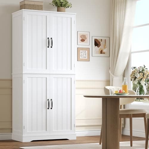 Image of HOCSOK Pantry Cupboard, 180 cm Tall Kitchen Storage Cabinet with 4 Wooden Doors, Free Standing Kitchen Units, Larder Cupboard for living room, Dining Room, Modern