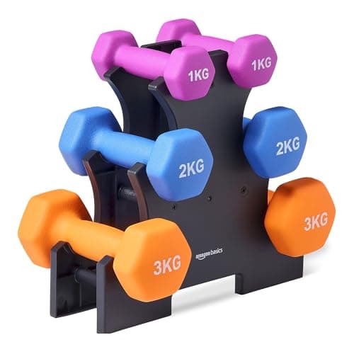 Image of Amazon Basics Neoprene Dumbbell Weights with Stand, Set of 3 Pairs (1 kg, 2 kg, 3 kg), Multicolor
