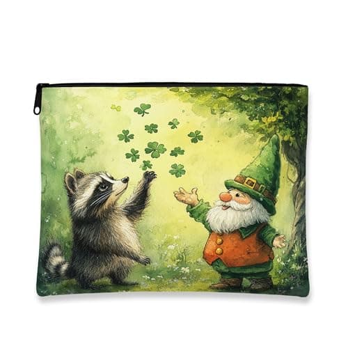 Image of Fanciful Raccoon Makeup Bag, Vintage Gnome Cosmetic Travel Pouch for Women, Portable Small Canvas Zipper Organizer, Spring Skincare Toiletry Bag 7x9 Inch