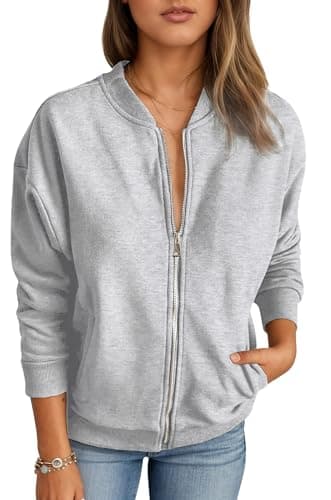 Image of Timuspo Zip Up Womens Bomber Jacket Long Sleeve Cotton Women Sweatshirt Casual Loose Gym Jackets Comfy Outerwear with Pockets Grey S