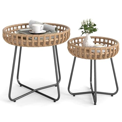 Image of CASART Rattan Patio Side Tables Set of 2, PE Wicker Outdoor Coffee Bistro Table with Metal Frame, Round Garden End Tea Nesting Tables for Backyard Poolside Living Room