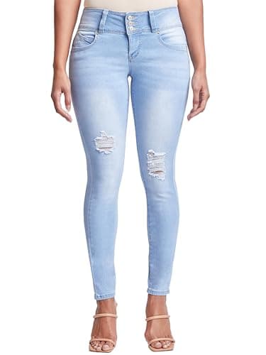 Image of Royalty For Me Womens YMI Jeans Women's Sustainable Wannabettabutt Skinny Jeans, Light Blue Rips, 16 Short