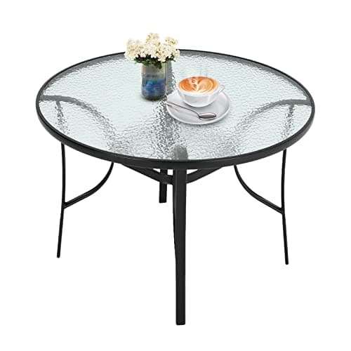 Image of DKIEI 105cm Round Outdoor Dining Table Coffee Table Patio Table Garden Dining Table Patio Bistro Steel Frame Tempered Glass Table Top with Umbrella Hole for Yard Bistro Lawn Balcony Black