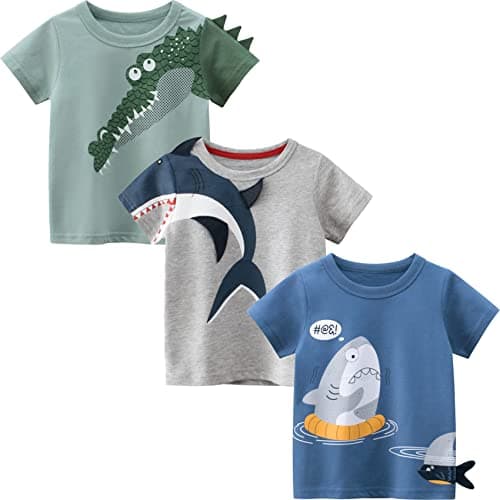 Image of LAUSONS Pack of 3 Kids Short Sleeve Cotton Casual T-Shirts Toddler Tops Cartoon Shark Set Size 100/2-3 Years