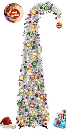Image of MACTING Whimsical Christmas Tree with Ball String Lights 5FT Pop Up Curved Tree with 15 Ball Lights & Hanging Ornaments Collapsible Tinsel Tree for Apartment Porch Indoor Outdoor Xmas Decor,Silver