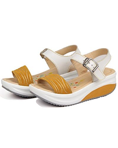 Image of Mrs Duberess Women's Casual Comfortable Open Toe Wedged Sandals Ladies Summer Shoes (5.5 UK, Yellow)