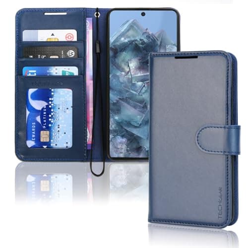 Image of TECHGEAR Pixel 8 Pro Leather Wallet Case, Flip Protective Case Cover with Wallet Card Holder, Stand and Wrist Strap - Blue PU Leather with Magnetic Closure Designed For Google Pixel 8 Pro