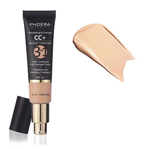 Image of PHOERA Anti-Aging Color Correcting Full Coverage Cream Foundation SPF 25+ Revitalizing & Younger infused Concealer with Vitamins For dark circles, acne scars, wrinkles & redness. (Nude)