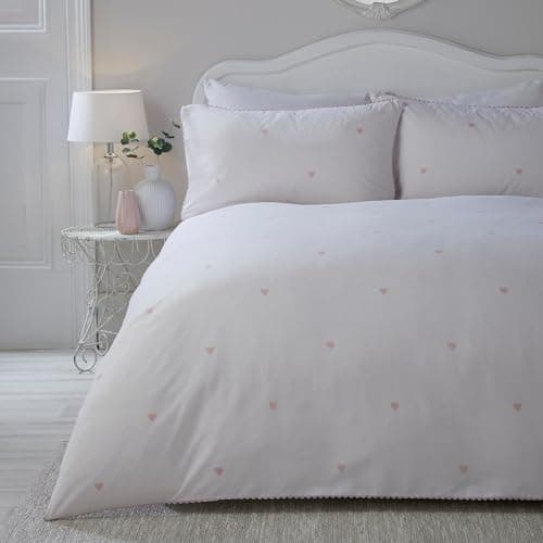 Image of Serene - White & Pink Heart Duvet Cover - Double Bedding Size (200 x 200cm) - Pink Rim Edge - White Bedding - Love Hearts Print Duvet Cover in Double