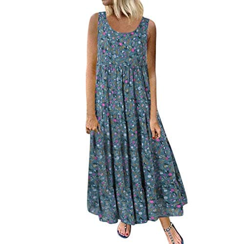 Image of Women's Cotton Linen Dress Floral Maxi Long Dress Casual Sleeveless Crewneck A Line Dress Plus Size Swing Dress Vintage Bohemian Loose Dresses Pageant Prom Ball Gowns Cocktail Dresses UK Size