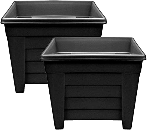Image of Optimal Products Long Trough/Oval/Square Plant Pot Plastic Planter Indoor Home Outdoor Garden Window Herb Flower Box (38cm Square Planter Ebony, 2)