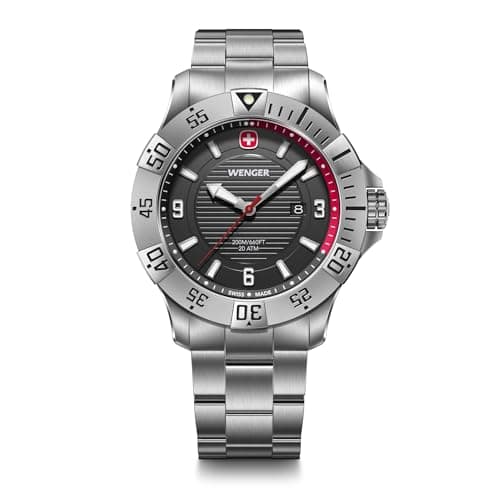 Image of Wenger Men’s Watch Seaforce Ø 43 mm, Swiss Made, Analogue Quartz, Water-Resistant up to 200 m, Stainless Steel Strap, Silver/Black, 01.0641.139
