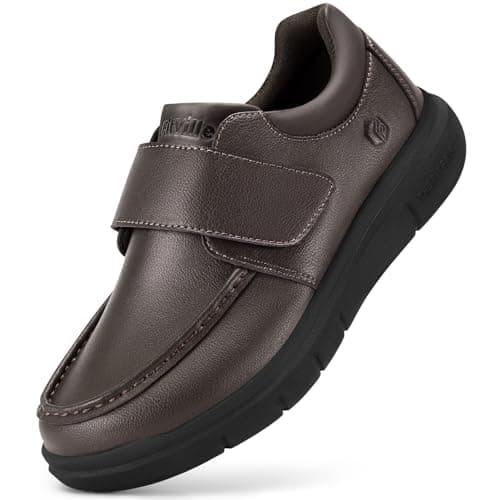 Image of FitVille Mens Loafers Comfort Wide Fit Leather Shoes Casual Slip on Dress Shoes with Adjustable Straps for Swollen Feet Men Brown