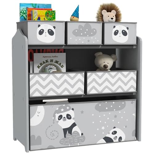 Image of ZONEKIZ Kids Storage Unit, Childrens Toy Storage Organiser, with 6 Fabric Bins, for Bedroom, Nursery, 63 x 30 x 66cm, Grey