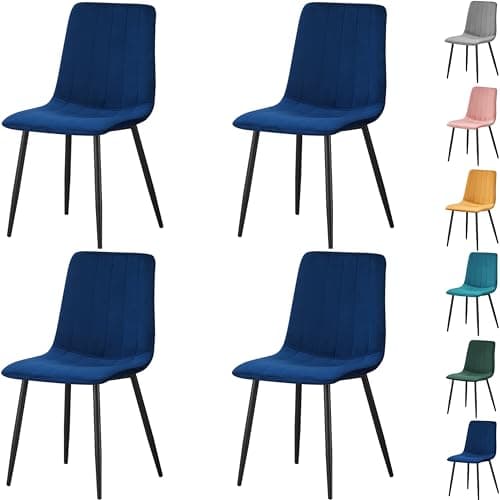 Image of MOF Home Modern Velvet Dining Chairs, Set of 4, Velvet Tufted Upholstered Kitchen Chairs with Metal Legs, Multi-Color (STRIPE PATTERN, NAVY)