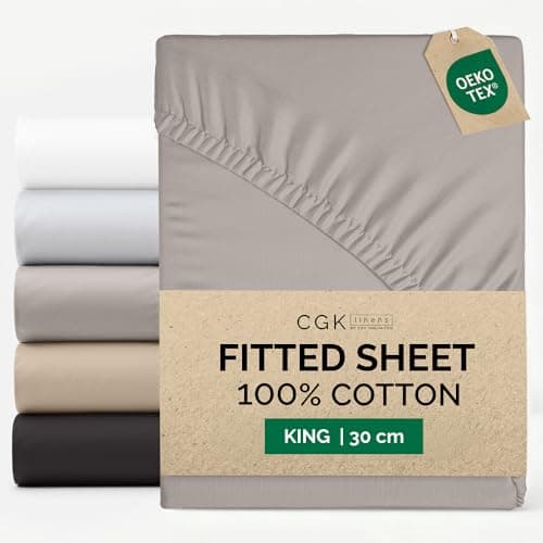 Image of King Fitted Sheet 150x200 cm - 100% Cotton Sateen 400 Thread Count - Deep Fitted Sheet for Mattresses up to 30 cm (12")- Soft, Breathable & Wrinkle Free - Hotel Quality - OEKO-TEX - Light Grey