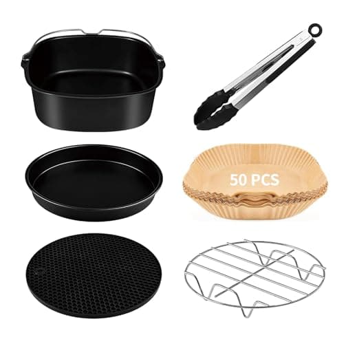 Image of Square Air Fryer Accessories Set, 6 Pieces Including Square Cake Bucket/Square Pizza Pan/Metal Holder/Multi-Purpose Rack with Skewers/Silicone Mat,Fits All Brands Larger Than 5.5L