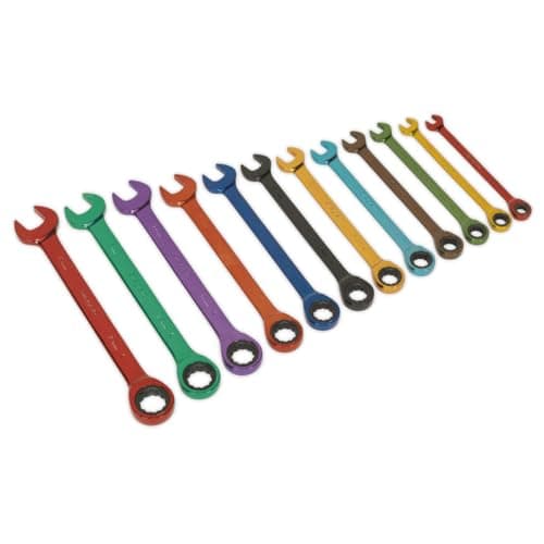 Image of Sealey S01075 Ratchet Combination Spanner Set, Multi-Coloured Metric, 40mm x 245mm x 181mm, 12 Pieces