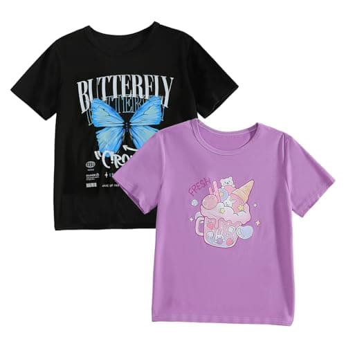 Image of Momkonzz Girls T Shirts 2 Pack Kids Graphic Shirt Youth Butterfly Short Sleeve Tee Tops Summer Clothes Size 7-12T （Black Purple, 7-8T