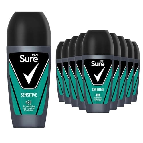 Image of Sure Antiperspirant Roll On Sensitive 48H Sweat and Odour Protection Roll On with Sandalwood, Patchouli and Vanilla Fragrance Deodorant for Men, 50ml Pack of 12