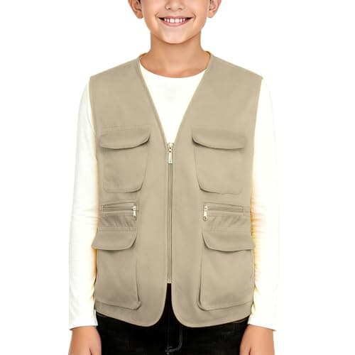 Image of Kids Utility Vest with Multi Pocket, Quick Dry Fishing Waistcoat Outdoor Work Safari Travel Gilet Camping Hunting Photography Summer Jackets School Outerwear Khaki 9 Years