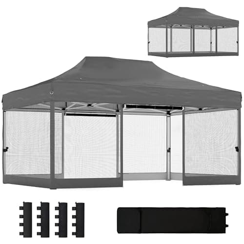 Image of Outsunny 3 x 4.5 m Pop Up Gazebo with Mesh Nettings, UPF50+ Heavy Duty Outdoor Garden Party Tent Marquee Wedding Canopy Instant Event Shelter with 4 Sandbags, Wheeled Carry Bag, Dark Grey