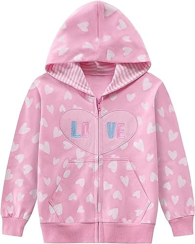 Image of CM-Kid Girls Long Sleeve Heart Print Hoddie Top Pink Sweatershirts Kids Cute Hooded Jumpers Sweat for Age 2-3 Years