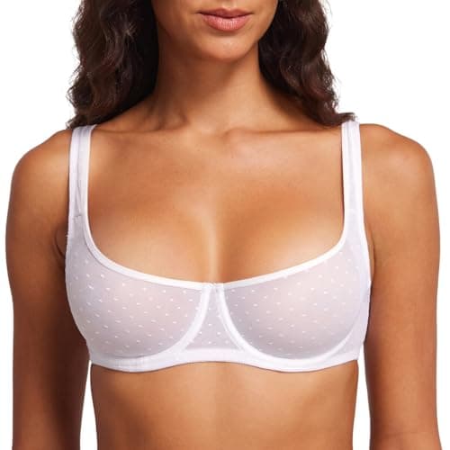 Image of DOBREVA Women's Mesh Balconette Bra Unlined Square Neck Sheer See Through Underwire Bras Plus Size White 34DD