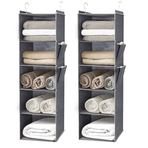 Image of DPWEION Hanging Storage Shelves with 5 Shelves Foldable Hanging Wardrobe Closet Organiser Unit with 2 Side Pockets for Clothes Accessories for Bedroom (Grey, Set of 2)