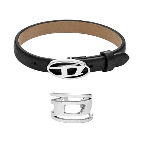 Image of Diesel Men's Leather Stackables Black Bracelet and Silver-Tone Stainless Steel Earrings, Set