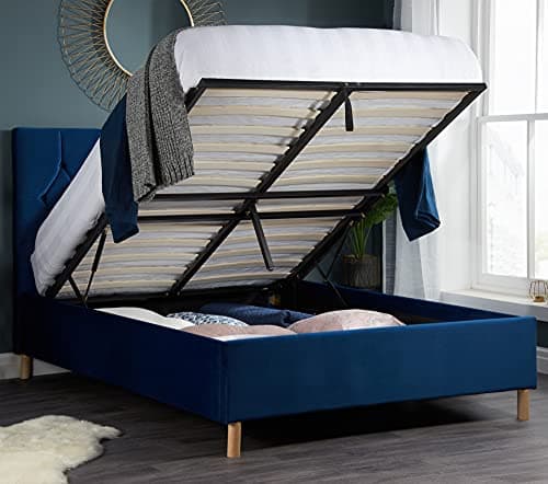 Image of happybeds Ottoman Storage Bed, Loxley Velvet Fabric Ottoman Storage Modern Bed (4FT - Pocket Sprung Mattress, Blue)