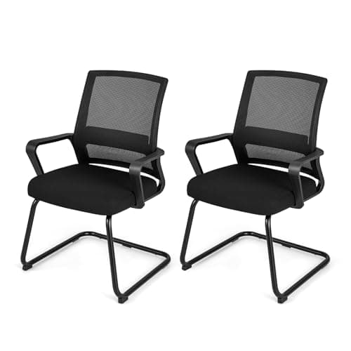 Image of COSTWAY 1/2/4PCS Guest Reception Chairs, Mid-Back Mesh Conference Chairs Computer Armchairs with Lumbar Support and Sled Base, Metal Base Office Chair for Waiting Room Meeting Room (62 x 59 x 94cm, 2)