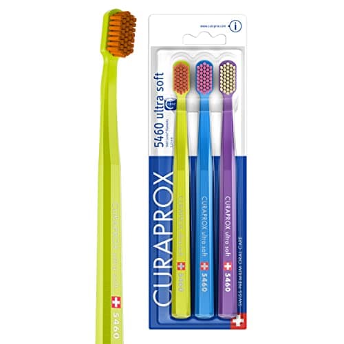 Image of Curaprox CS 5460 Ultra-Soft Toothbrush – Adult Tooth and Gum Care | Super Soft Curen® Bristles for Gentle Cleaning | Green | Blue | Purple | 3 Pieces | Made in Switzerland