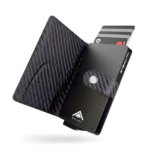 Image of Stealth Wallet RFID Card Holder Wallet - Smart Minimalist Pop Up Wallets with Gift Box - Slim Lightweight Metal Credit Card Holders for Men (Silver Aluminium, Black Carbon Leather, Money Clip