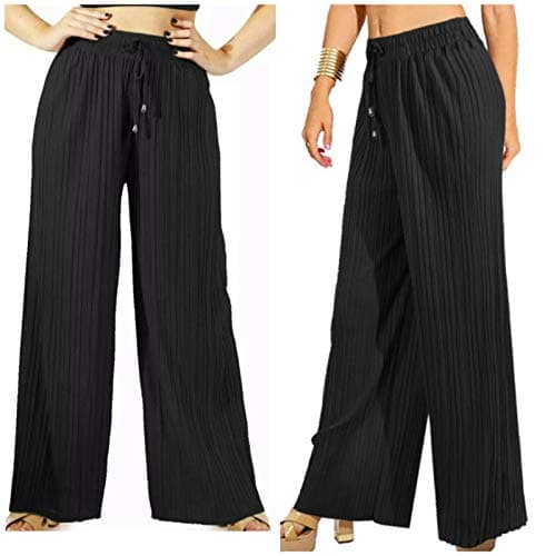 Image of Diffusion Ladies Women's Wide Leg Trousers Harem Pleated Crinkle Flared Pants Palazzo Plain Baggy Fits UK 8-22 (Black)