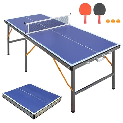 Image of 5FT Folding Table Tennis Table, Indoor/Outdoor Blue Ping Pong Table 152.4 x 66.04 x 66.04cm, With Net two Table Tennis Bats and three Balls Heavy-duty Steel Frame (Blue)