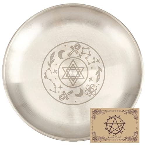 Image of CREATCABIN Star Pentagram Ritual Plate Altar Flat Bowl Round Silvery Tray Offering Bowl Dish Candle Holder with Divination Card Jewelry Dish for Smudging Incense Burner Meditation Tarot 5.5Inch