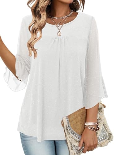 Image of KISSMODA Women's Ruffle 3/4 Sleeve Blouses Double Layers Mesh Tunic Tops Crew Neck Dressy Elegant Pleated Front Shirts for Ladies B White