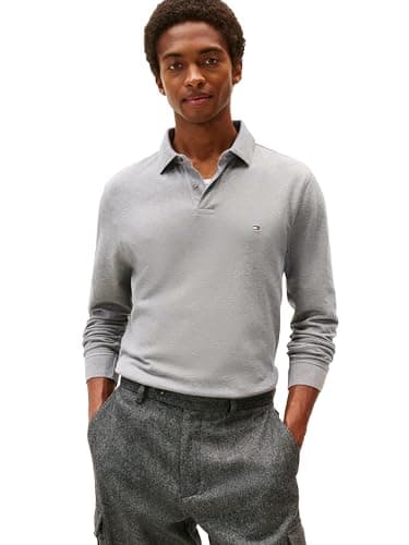 Image of Tommy Hilfiger Men's Long Sleeve Polo Shirts in Regular Fit with Stretch and Organic Pique Cotton, Medium Grey Heather, Medium
