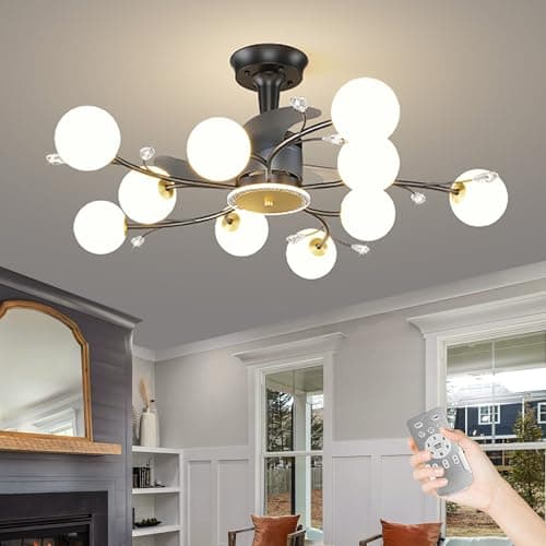 Image of Depuley Black Ceiling Fan with Lights and Remote: Glass Globe Chandelier with Fan Crystal - Sputnik Ceiling Fan with 10 Lights for Living Room - 39" Modern Fandelier 3 Color Light