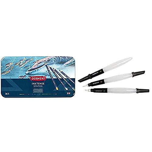 Image of Derwent Inktense Watercolour Pencils Tin (Set of 36) with Derwent Waterbrush Multi-Pack (Pack of 3)