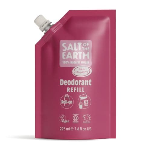 Image of Salt of the Earth - Natural Deodorant Roll On Refill Pouch, x3 Uses - Fresh Stawberry - Vegan, Long Lasting Protection, Made in the UK - 225ml